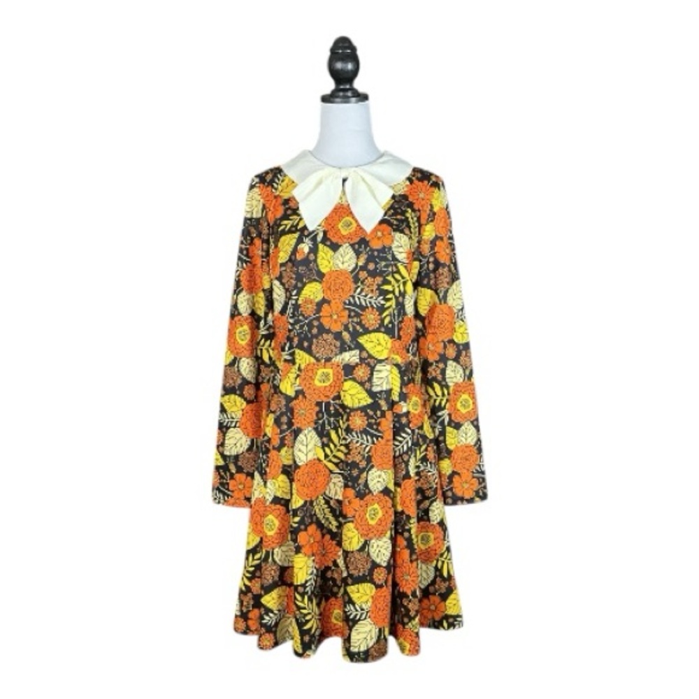 Unique Vintage Smak Parlour Retro Multicolored Floral Bow Collar Mini Dress L - Picture 2 of 8